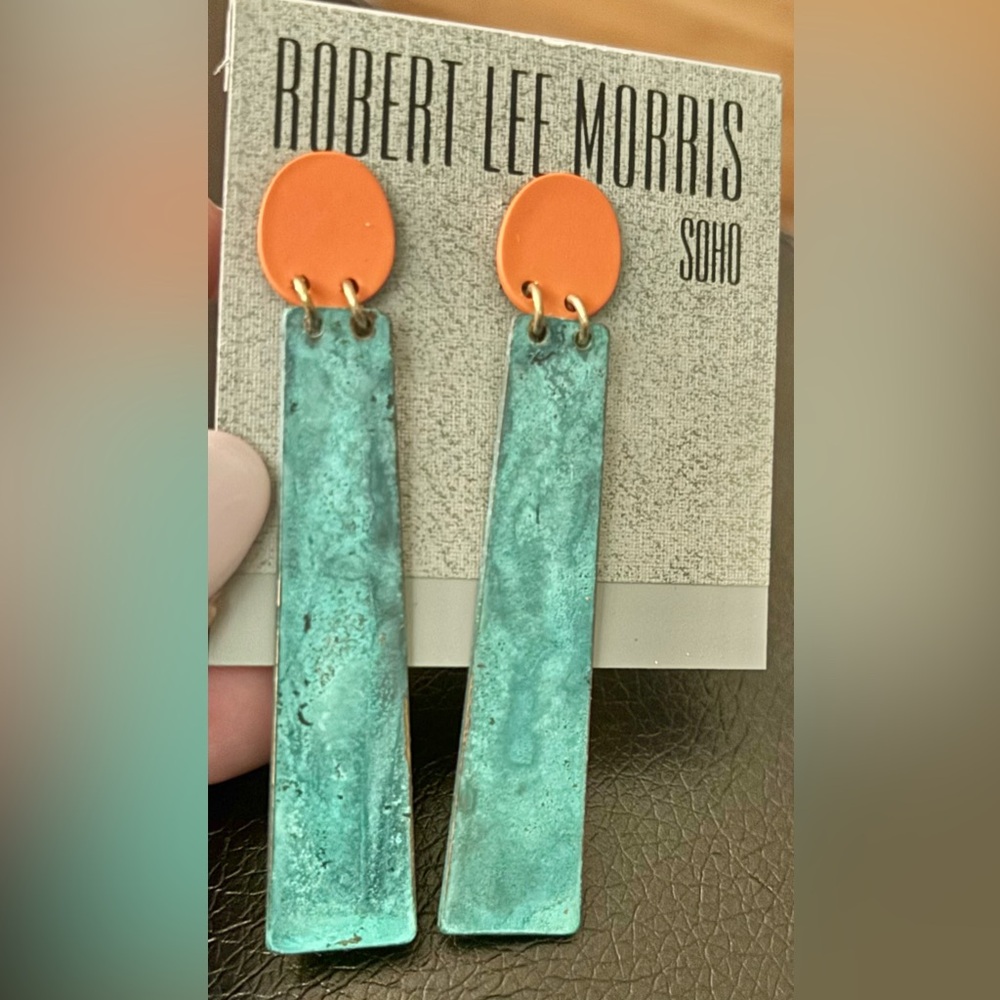NWT Robert Lee Morris Earrings Modernist Statement Orange Green Patina Drop Boho